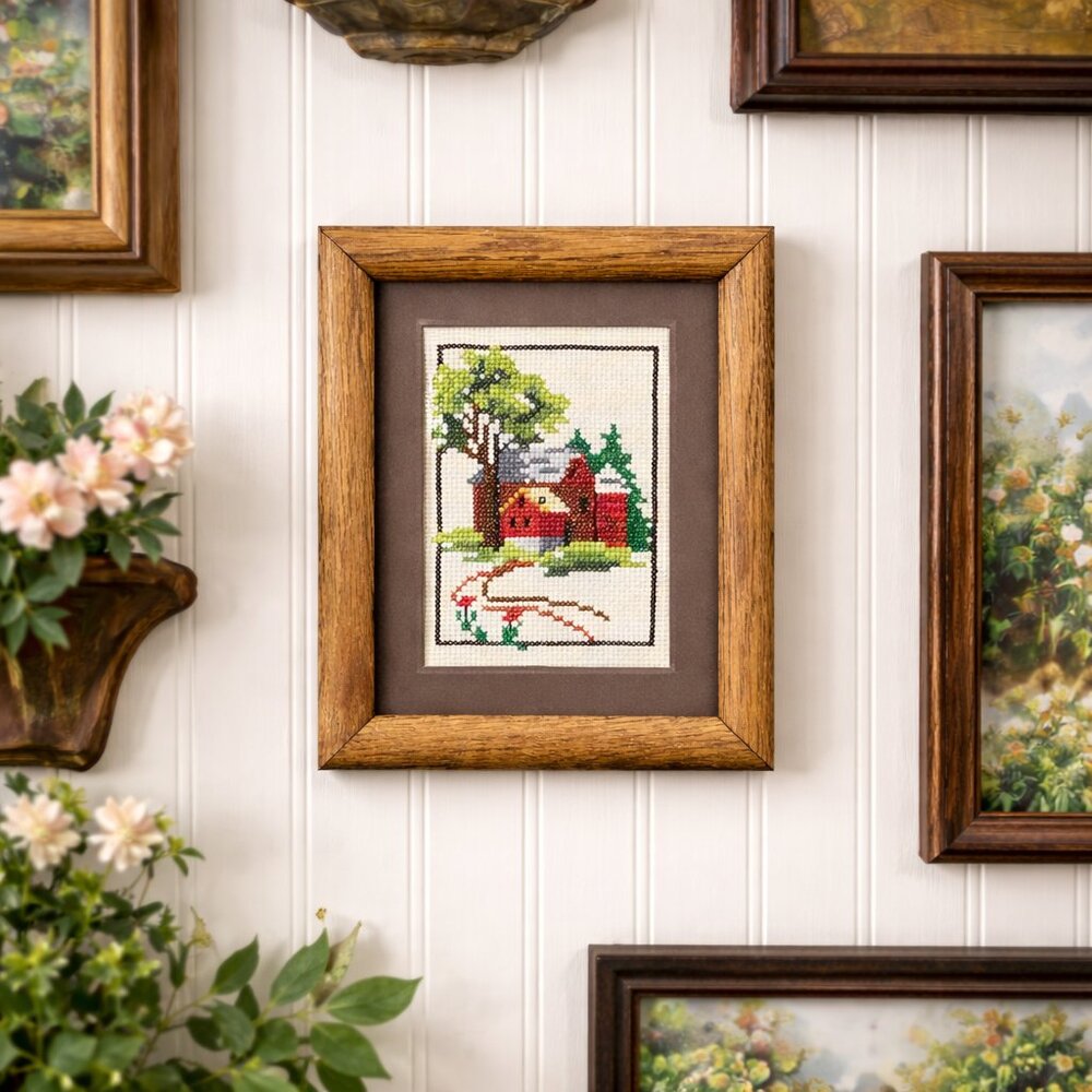 Vintage Mini Cross Stitch in Oak Wood Frame, Country Landscape Wall Decor